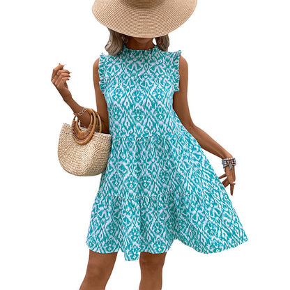 Abstract Print Tiered Dress with Mock Neck and Ruffle Sleeves