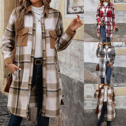 Long Plaid Shirt Jacket with Contrast Pockets