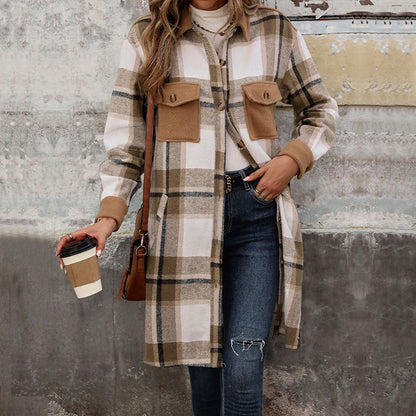 Long Plaid Shirt Jacket with Contrast Pockets