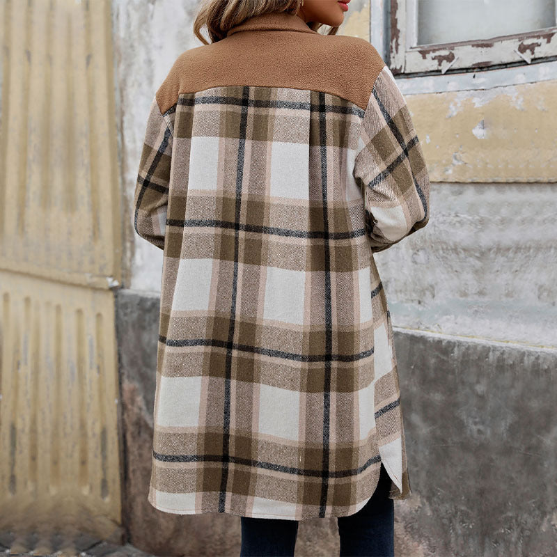 Long Plaid Shirt Jacket with Contrast Pockets