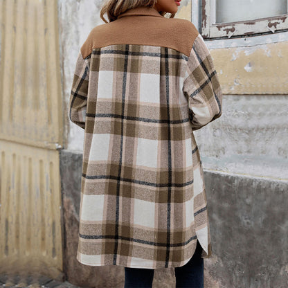 Long Plaid Shirt Jacket with Contrast Pockets