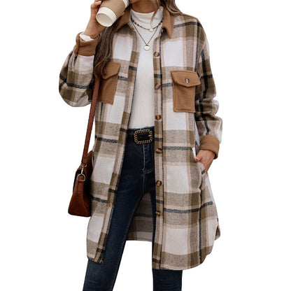 Long Plaid Shirt Jacket with Contrast Pockets