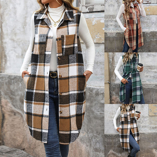 Plaid Longline Vest with Lapel Collar and Button Front
