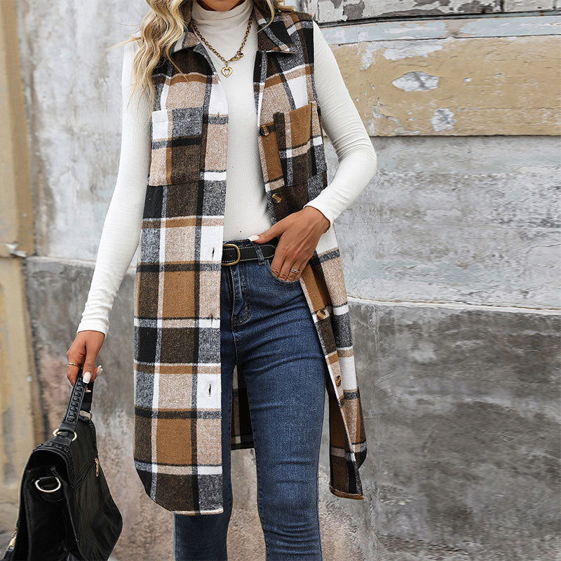 Plaid Longline Vest with Lapel Collar and Button Front