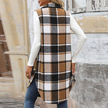 Plaid Longline Vest with Lapel Collar and Button Front