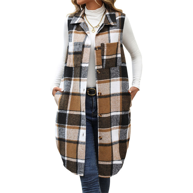 Plaid Longline Vest with Lapel Collar and Button Front