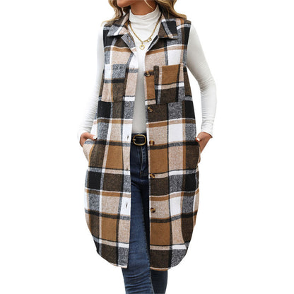 Plaid Longline Vest with Lapel Collar and Button Front