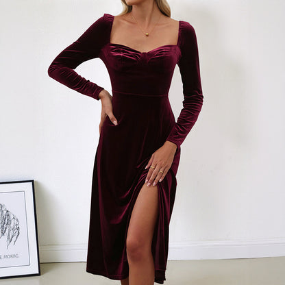 A-Line Velvet Midi Dress with Square Neck and Slit