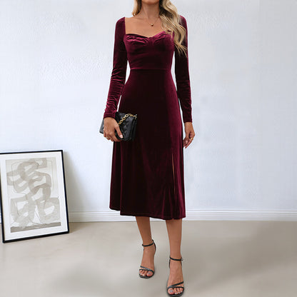 A-Line Velvet Midi Dress with Square Neck and Slit