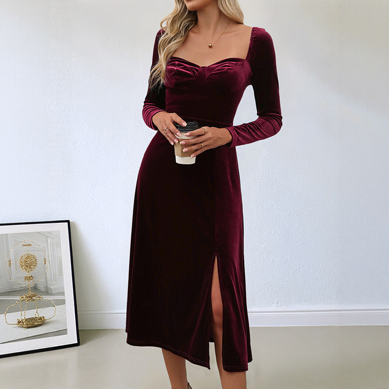 A-Line Velvet Midi Dress with Square Neck and Slit
