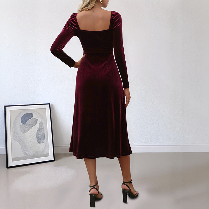 A-Line Velvet Midi Dress with Square Neck and Slit