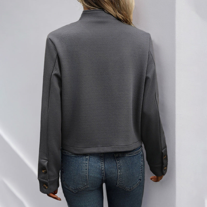 Textured Cropped Jacket with Stand Collar and Button Front