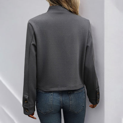 Textured Cropped Jacket with Stand Collar and Button Front
