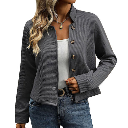 Textured Cropped Jacket with Stand Collar and Button Front