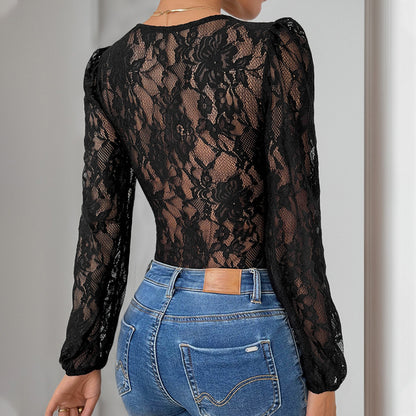 Lace Bodysuit with Puff Sleeves and Tie-Up Front