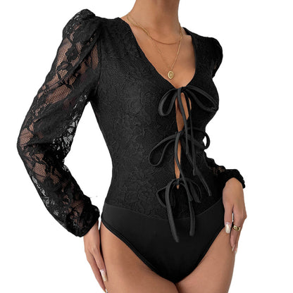 Lace Bodysuit with Puff Sleeves and Tie-Up Front
