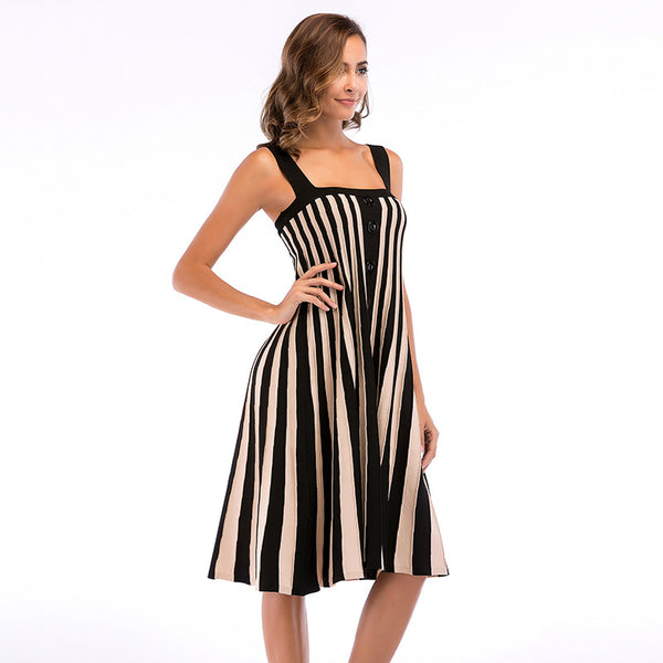 Striped A-Line Dress with Square Neck and Button Front