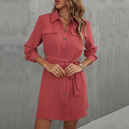 A-Line Shirt Dress with Tie Waist and Button Front