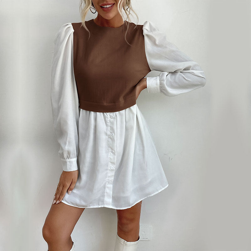 Color Block Layered Look Dress with Puff Sleeves