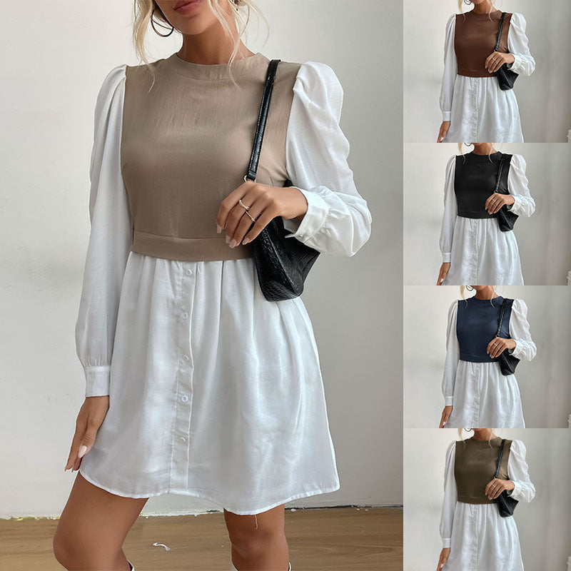 Color Block Layered Look Dress with Puff Sleeves