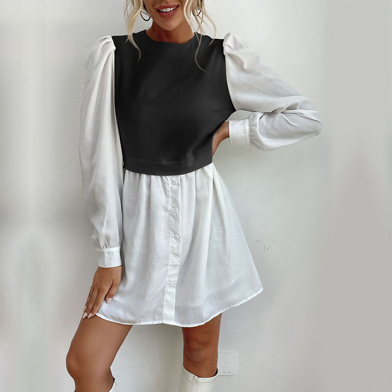 Color Block Layered Look Dress with Puff Sleeves