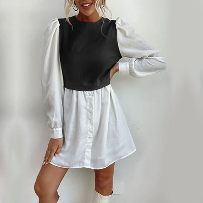 Color Block Layered Look Dress with Puff Sleeves