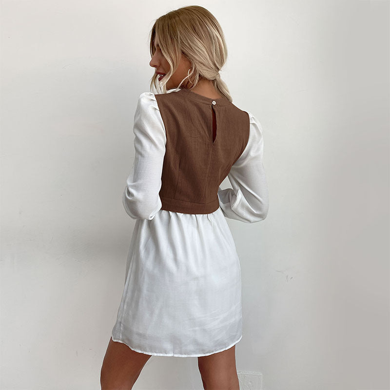 Color Block Layered Look Dress with Puff Sleeves