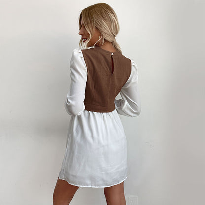 Color Block Layered Look Dress with Puff Sleeves