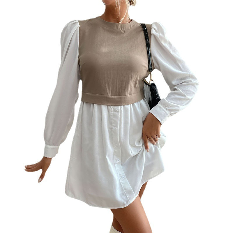 Color Block Layered Look Dress with Puff Sleeves