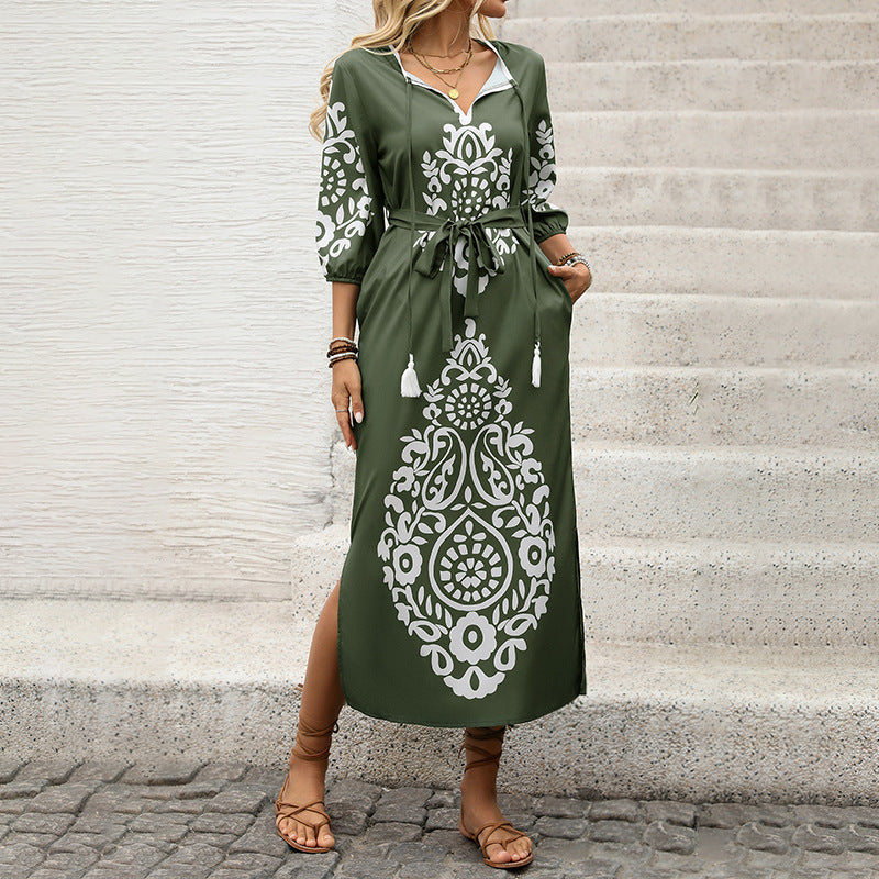 Ethnic Print A-Line Midi Dress with Tie-Neck and Belt