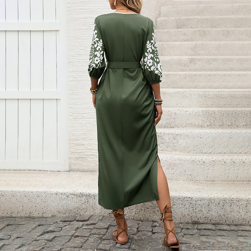 Ethnic Print A-Line Midi Dress with Tie-Neck and Belt