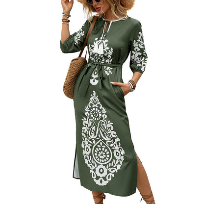 Ethnic Print A-Line Midi Dress with Tie-Neck and Belt