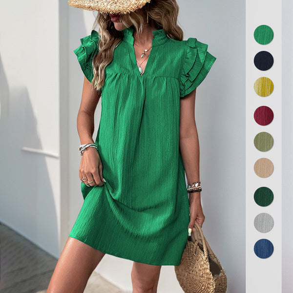 Solid A-Line Mini Dress with Ruffle Sleeves and Stand Collar V-Neck