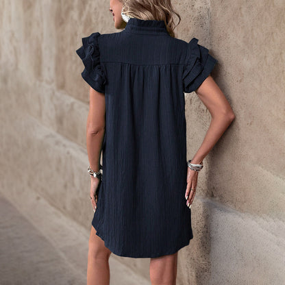 Solid A-Line Mini Dress with Ruffle Sleeves and Stand Collar V-Neck