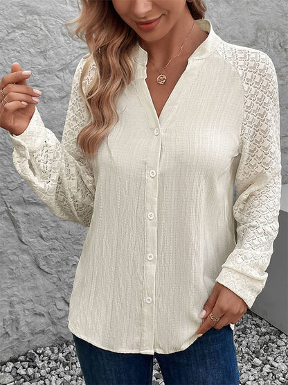 Solid Blouse with Stand Collar and Lace Raglan Sleeves