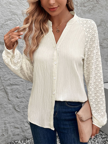 Solid Blouse with Stand Collar and Lace Raglan Sleeves