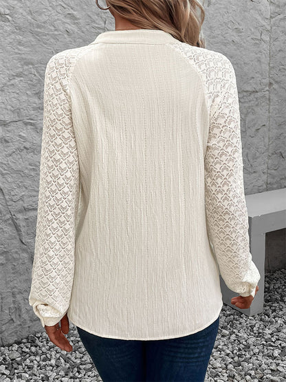 Solid Blouse with Stand Collar and Lace Raglan Sleeves