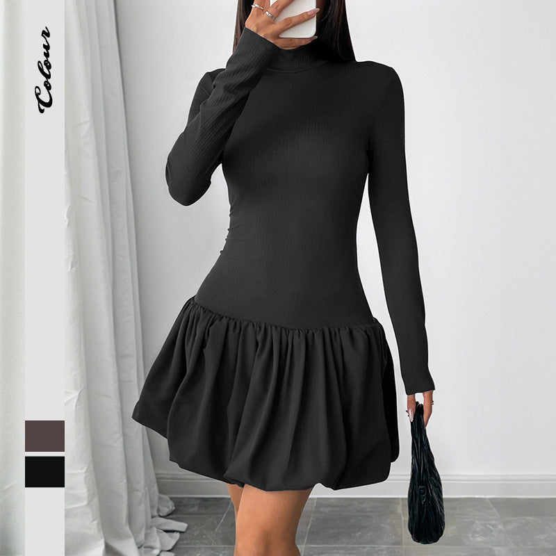 Solid Turtleneck Mini Dress with Long Sleeves and Pettiskirt