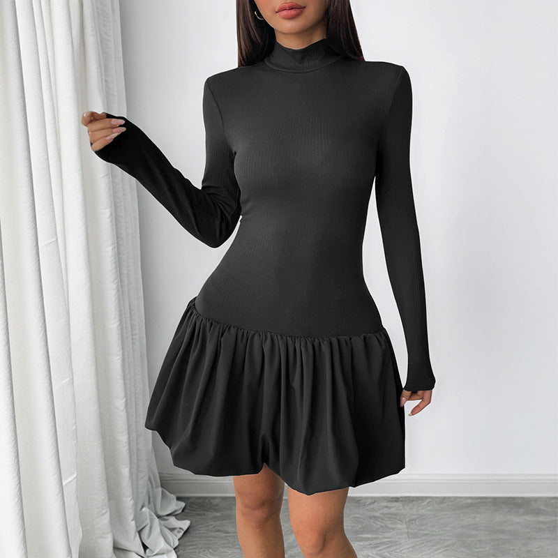 Solid Turtleneck Mini Dress with Long Sleeves and Pettiskirt