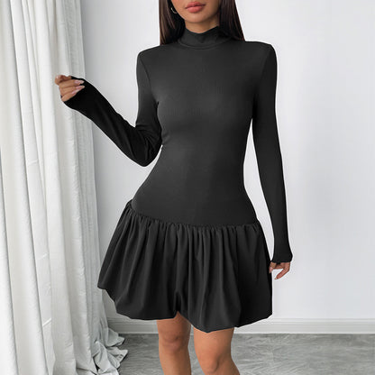 Solid Turtleneck Mini Dress with Long Sleeves and Pettiskirt