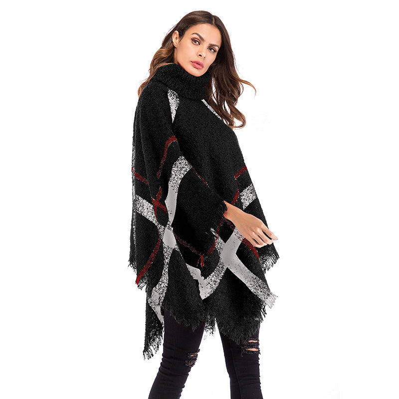 Color-Blocked Plaid Cape with Turtleneck and Fringe Hem