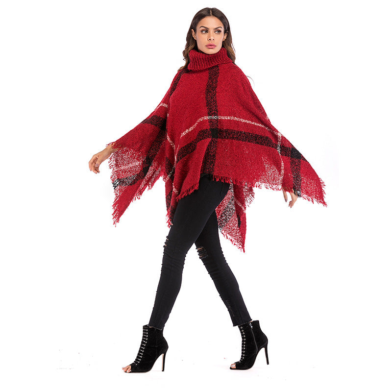 Color-Blocked Plaid Cape with Turtleneck and Fringe Hem