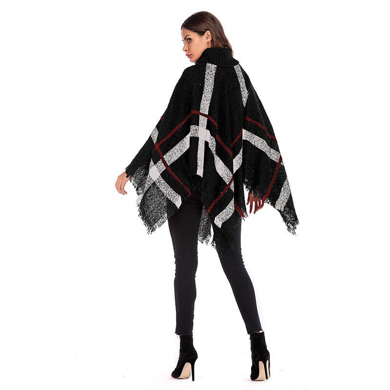Color-Blocked Plaid Cape with Turtleneck and Fringe Hem