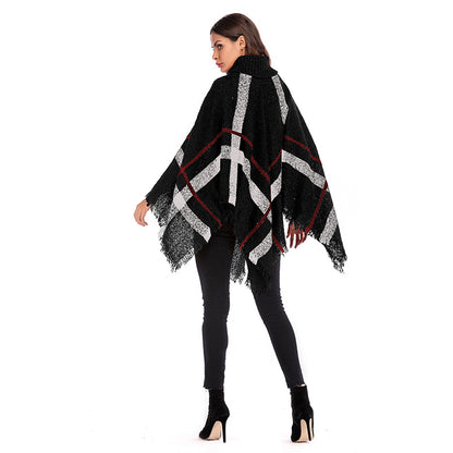 Color-Blocked Plaid Cape with Turtleneck and Fringe Hem