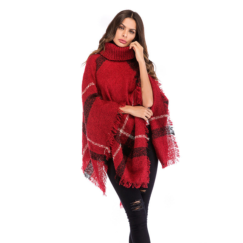 Color-Blocked Plaid Cape with Turtleneck and Fringe Hem