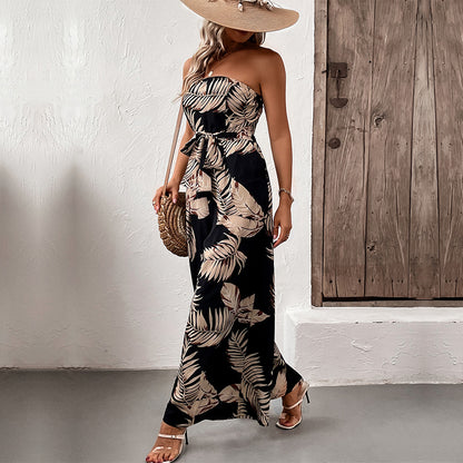Tropical Leaf Print Wide-Leg Jumpsuit with Strapless Neckline