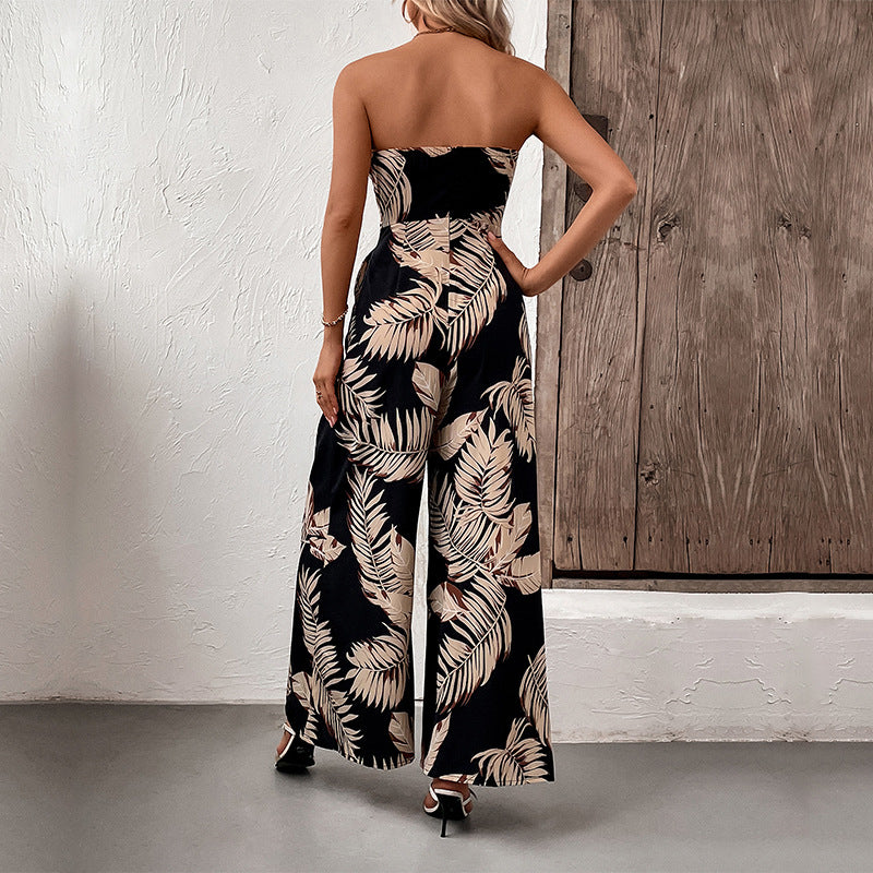 Tropical Leaf Print Wide-Leg Jumpsuit with Strapless Neckline