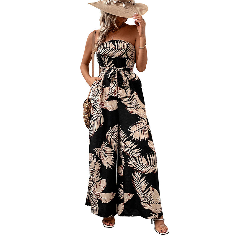 Tropical Leaf Print Wide-Leg Jumpsuit with Strapless Neckline
