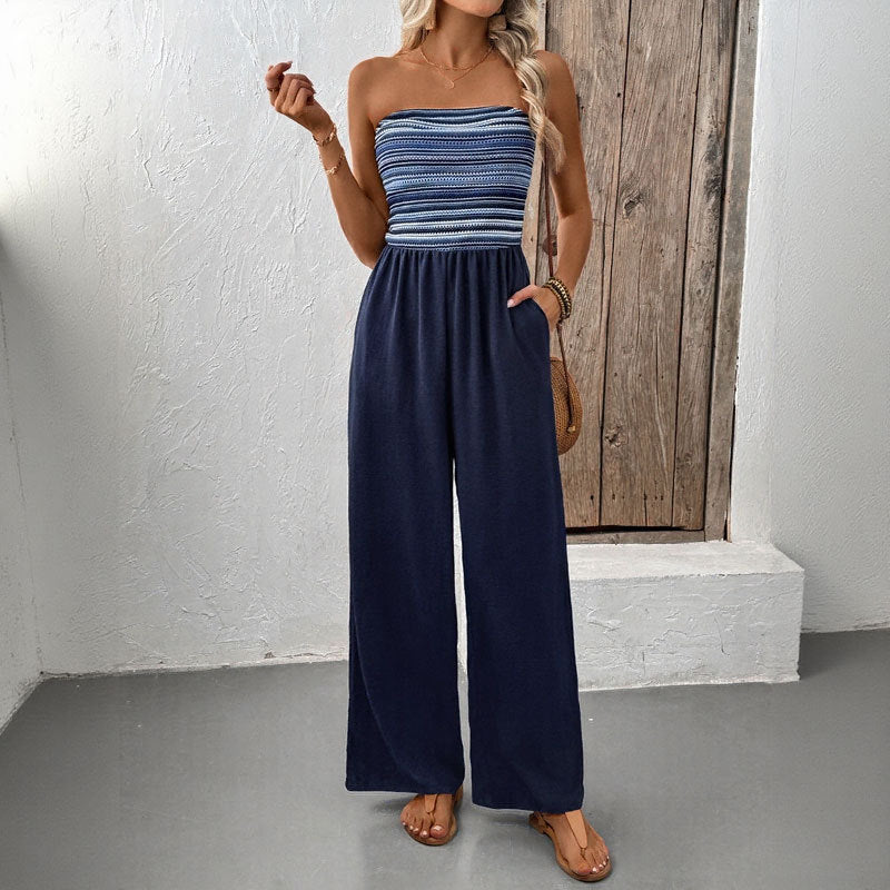 Patchwork Striped Bandeau Jumpsuit with Wide Legs