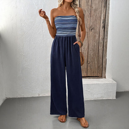 Patchwork Striped Bandeau Jumpsuit with Wide Legs